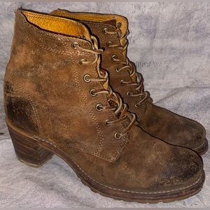 Frye Sabrina 6G Burnished Suede Brown Lace-Up Combat Heeled Boots